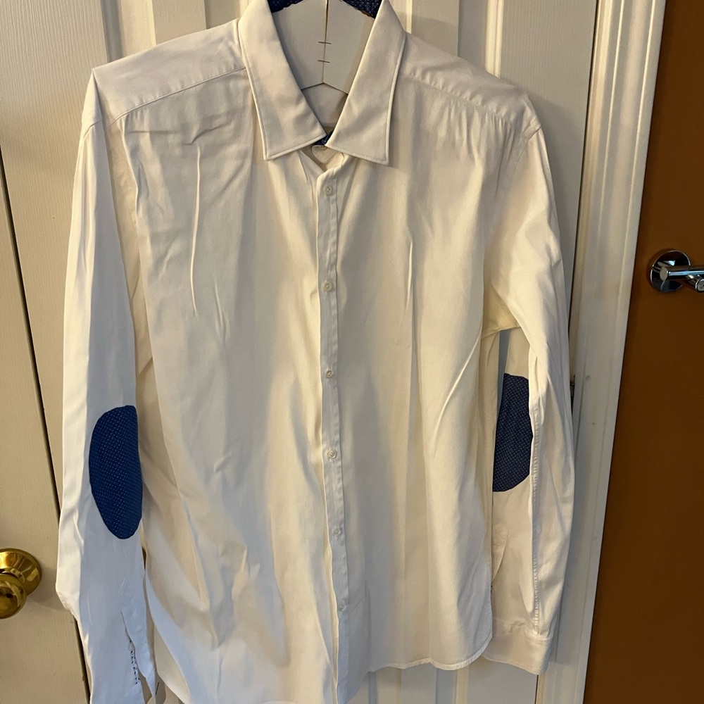 Aglini Men’s Casual Button down shirt, 42, White / Blue